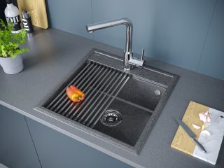 Комплект Paulmark: мойка Stepia 50 и ролл-мат Step PM115051-DG+R375-BS графит/брашированная нержавеющая сталь